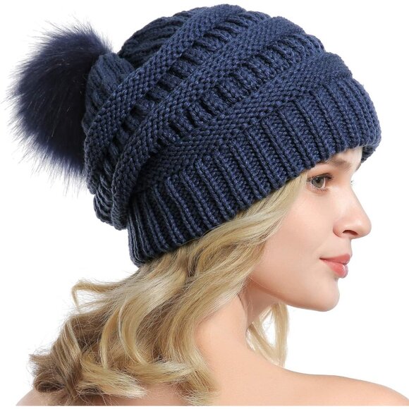 Women Denim Blue Soft Acrylic Thick Baggy Knit Winter Faux Fur Pompom Beanie - Picture 4 of 6